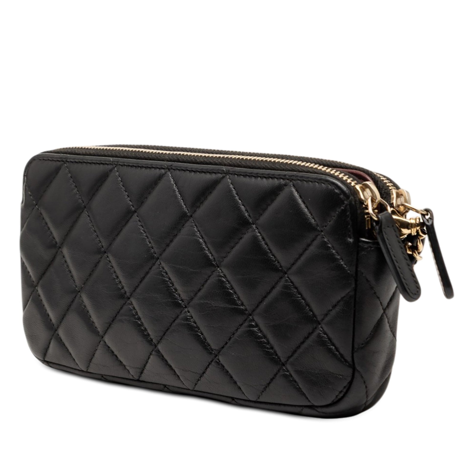 Chanel CC Quilted Lambskin Double Zip Clutch With Chain