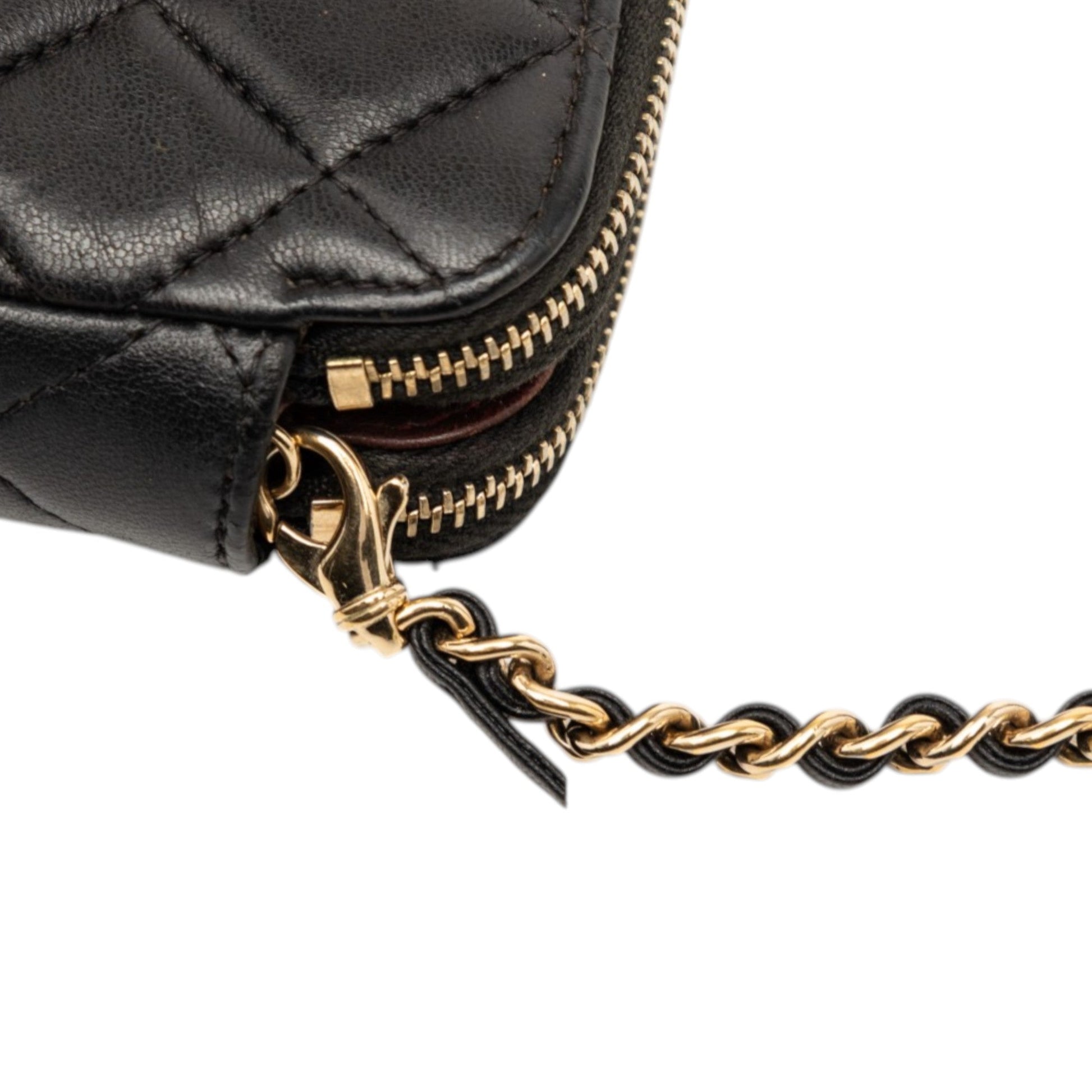 Chanel CC Quilted Lambskin Double Zip Clutch With Chain