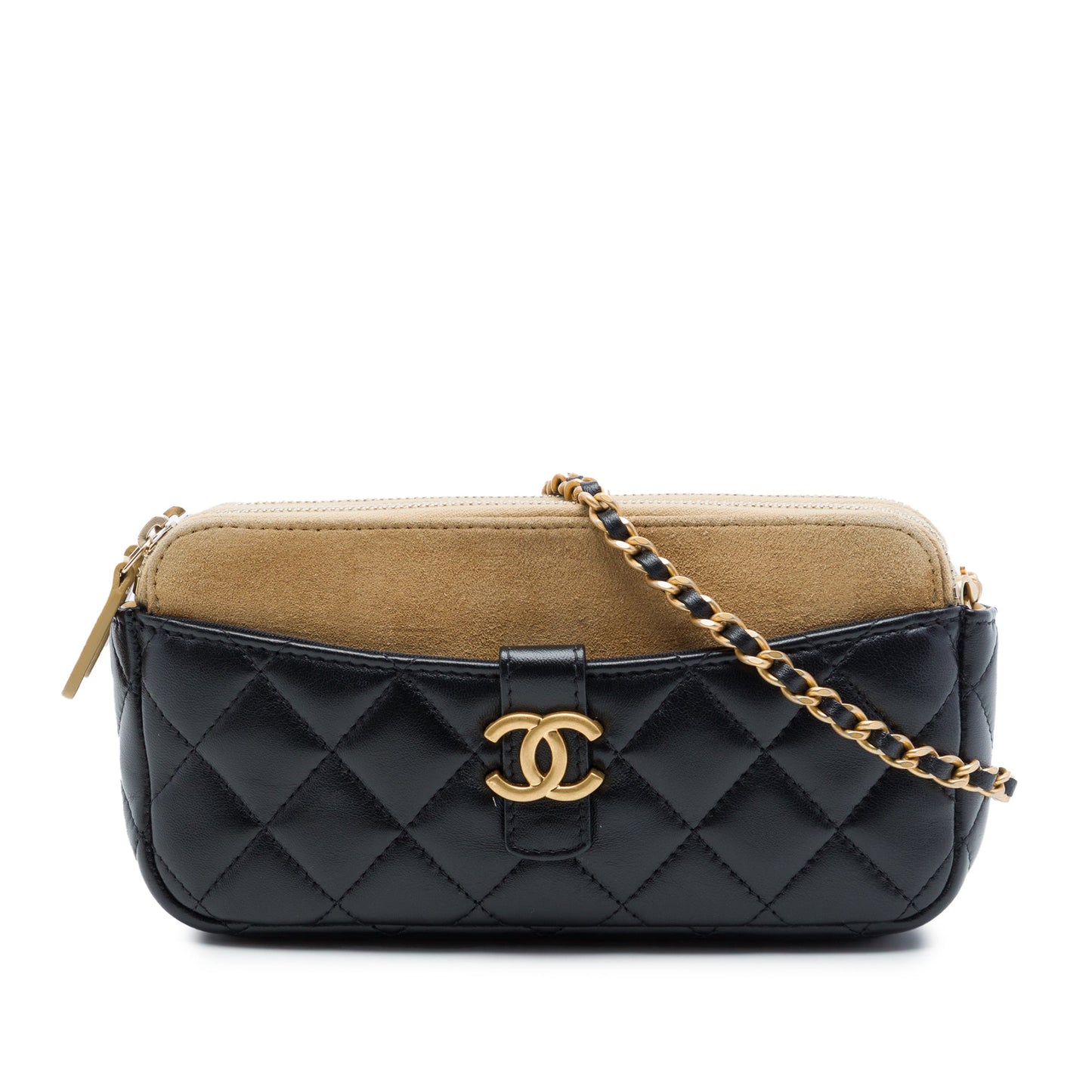 Chanel CC Quilted Lambskin and Suede Double Zip Phone Holder With Chain