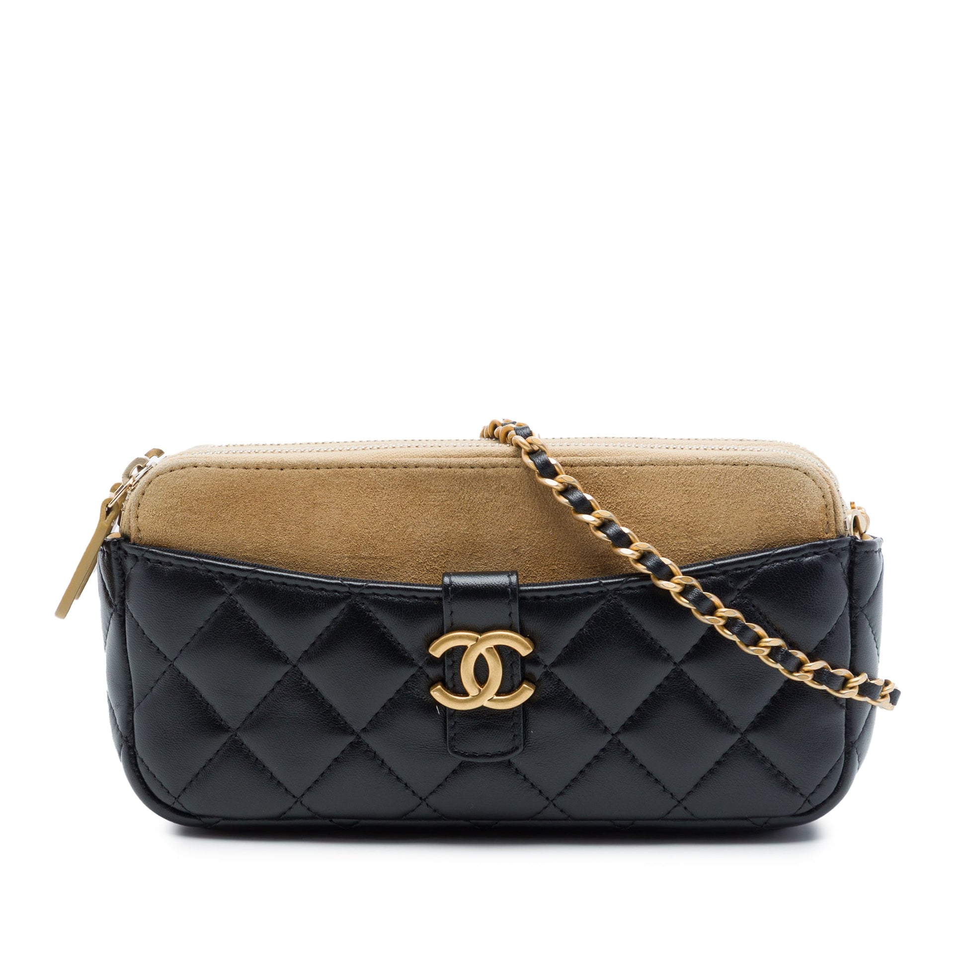 Chanel CC Quilted Lambskin and Suede Double Zip Phone Holder With Chain