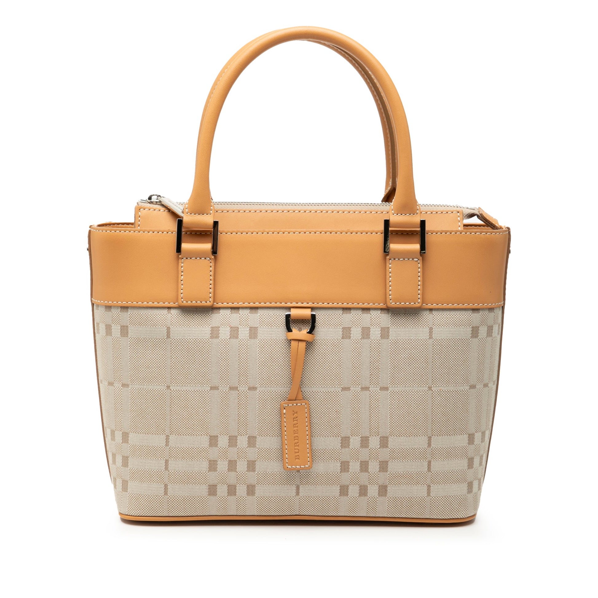 Burberry Leather Trimmed Tonal Check Canvas Handbag