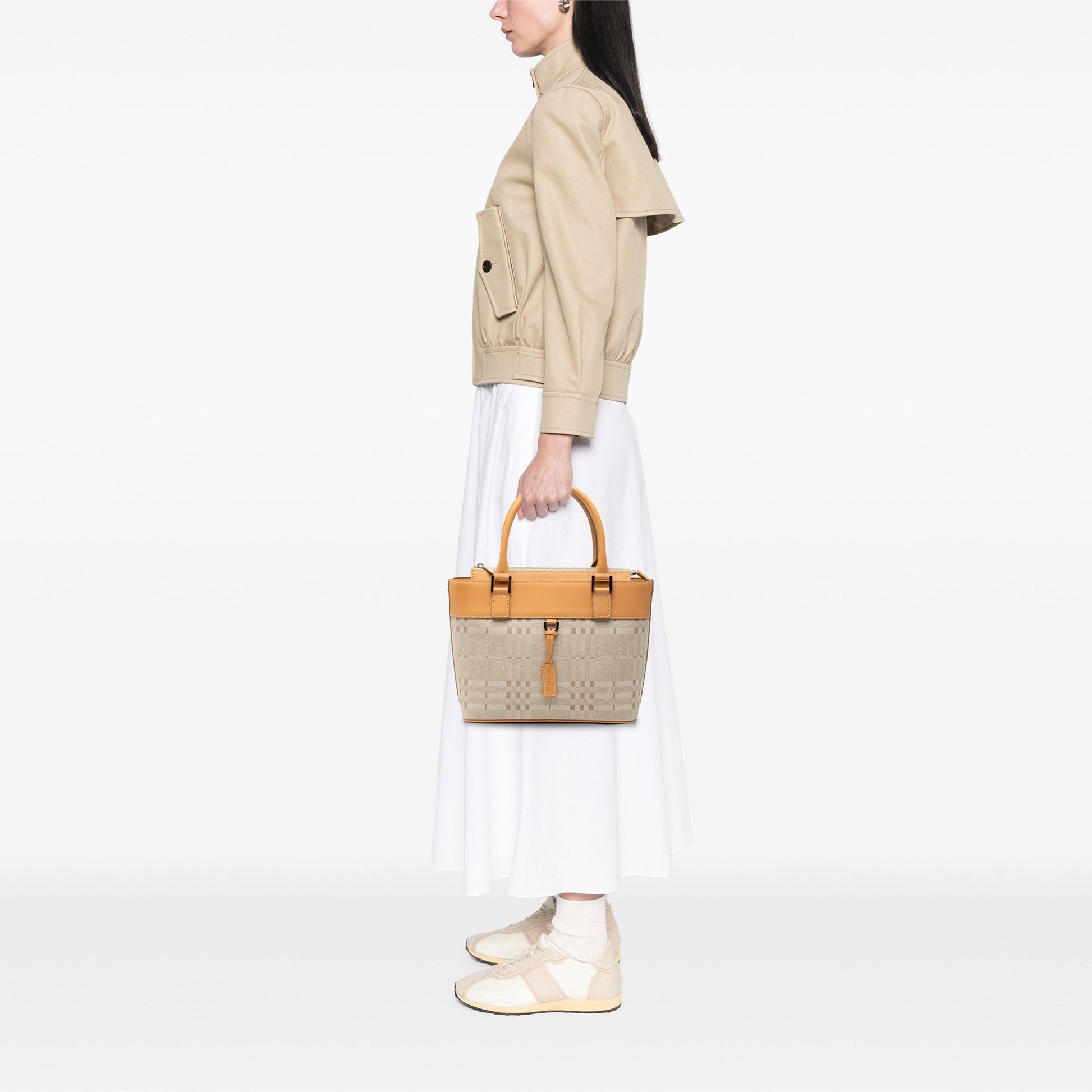 Burberry Leather Trimmed Tonal Check Canvas Handbag