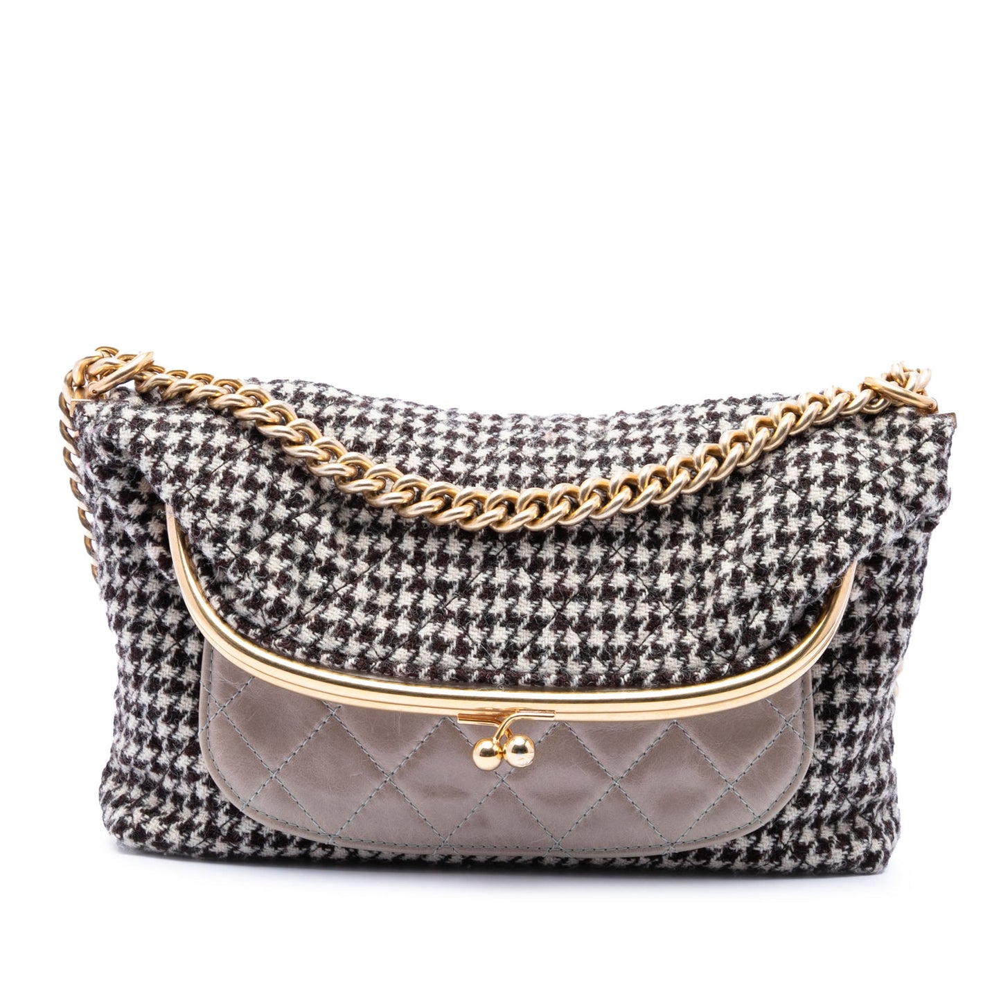 Chanel Medium Quilted Houndstooth Tweed and Calfskin Tabatiere Kisslock Fold Over Crossbody