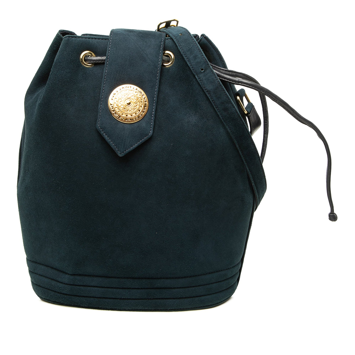 Saint Laurent Suede Medallion Bucket Bag — Blue