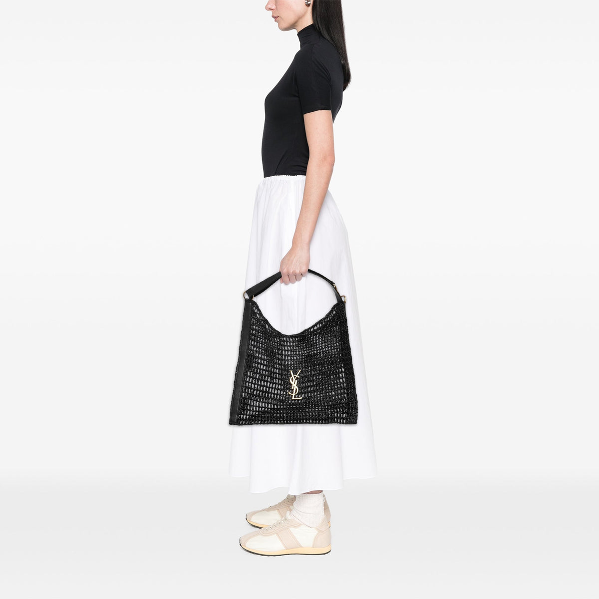 Saint Laurent Crochet Raffia Oxalis Shoulder Bag — Black
