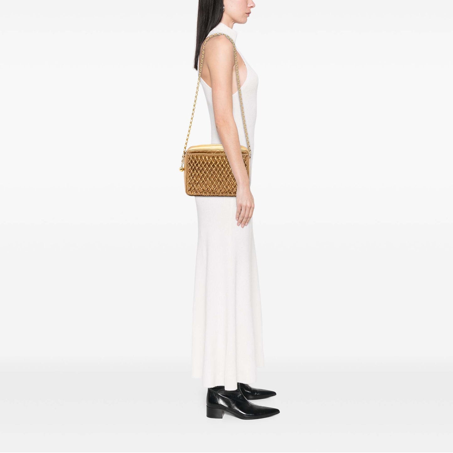Metallic Woven Lambskin Chain Camera Bag