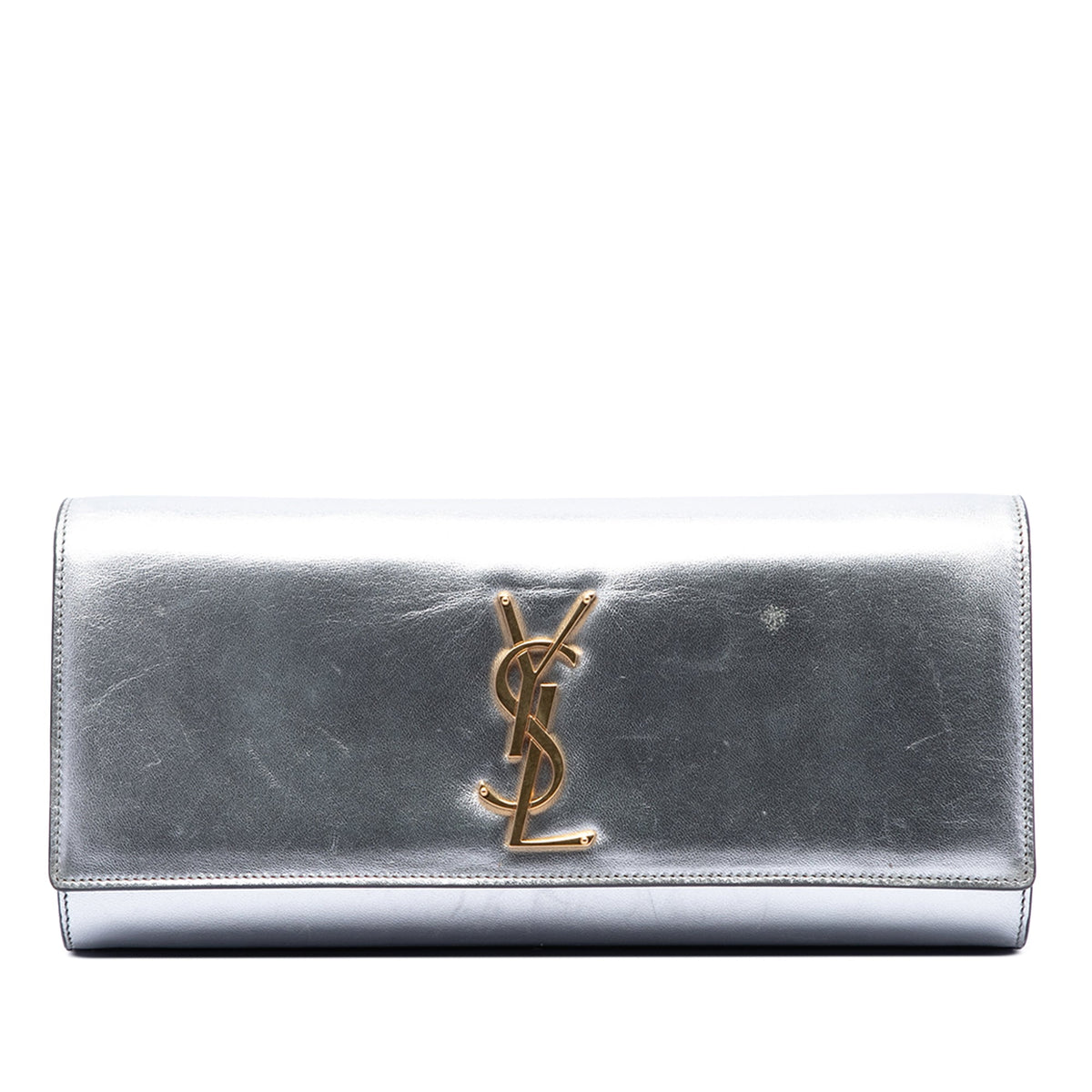 Saint Laurent Smooth Metallic Calfskin Monogram Cassandre Clutch — Silver