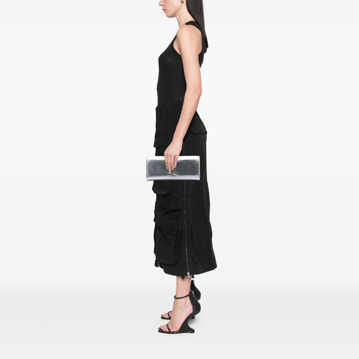 Saint Laurent Smooth Metallic Calfskin Monogram Cassandre Clutch — Silver