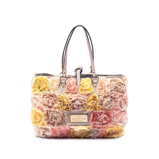 Valentino Small Silk Rosier Tote — Beige
