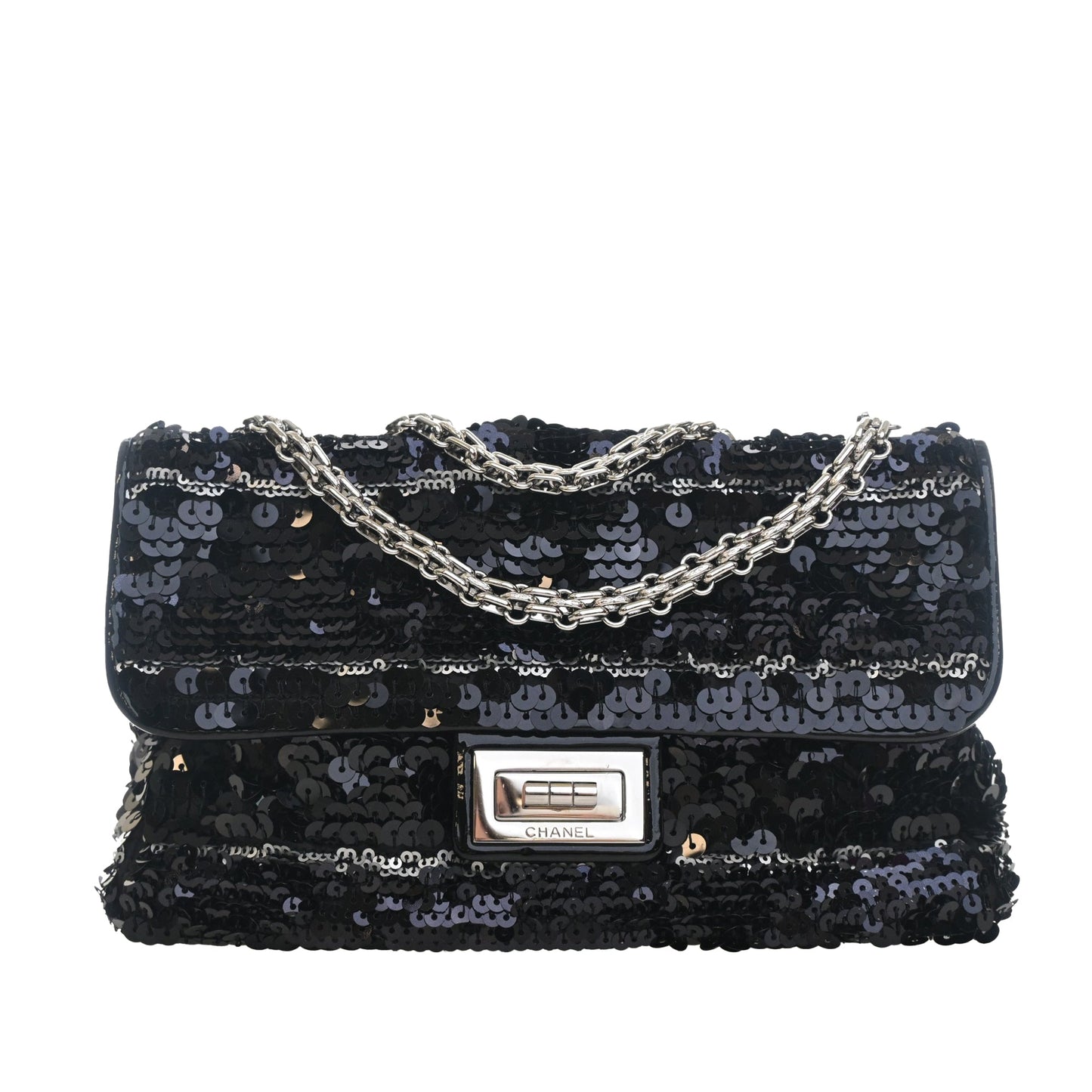 Chanel Patent Trimmed Sequined Satin Reissue 2.55 Single Flap 225