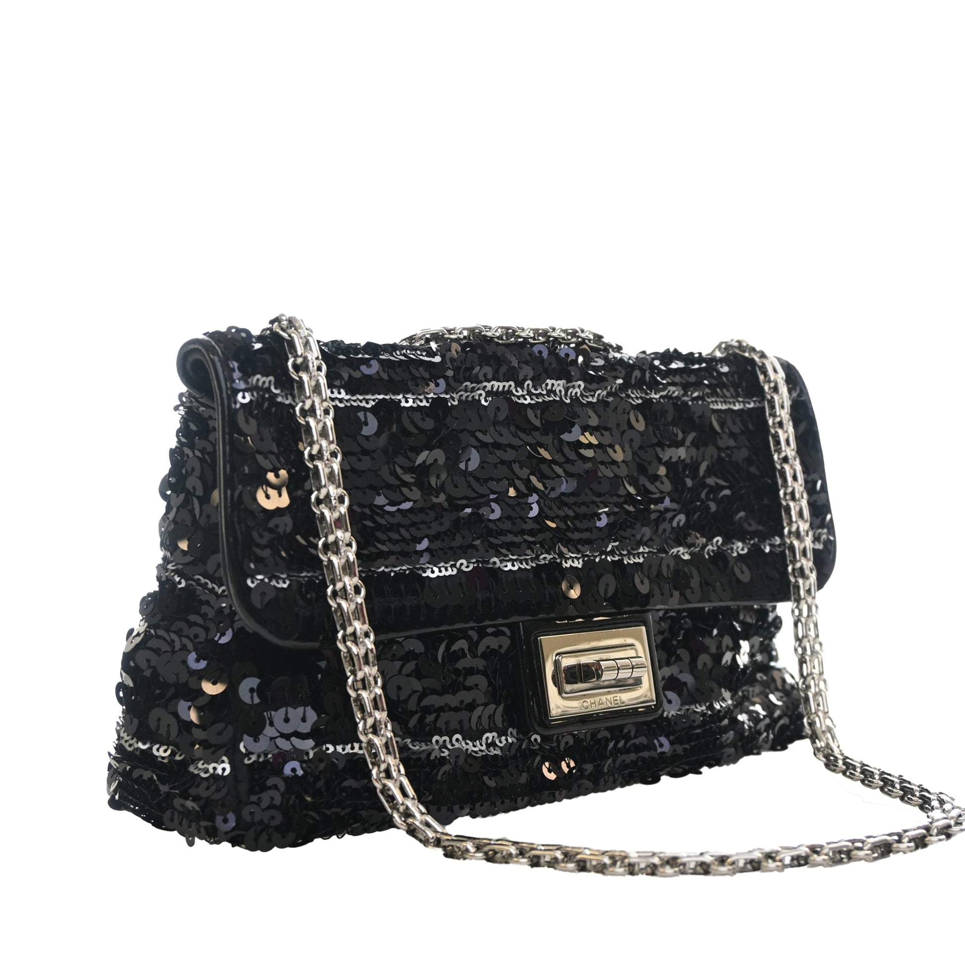 Chanel Patent Trimmed Sequined Satin Reissue 2.55 Single Flap 225