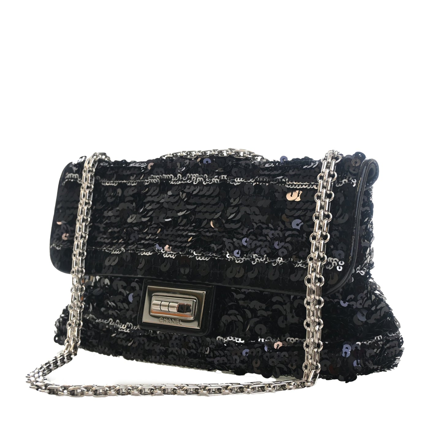 Chanel Patent Trimmed Sequined Satin Reissue 2.55 Single Flap 225