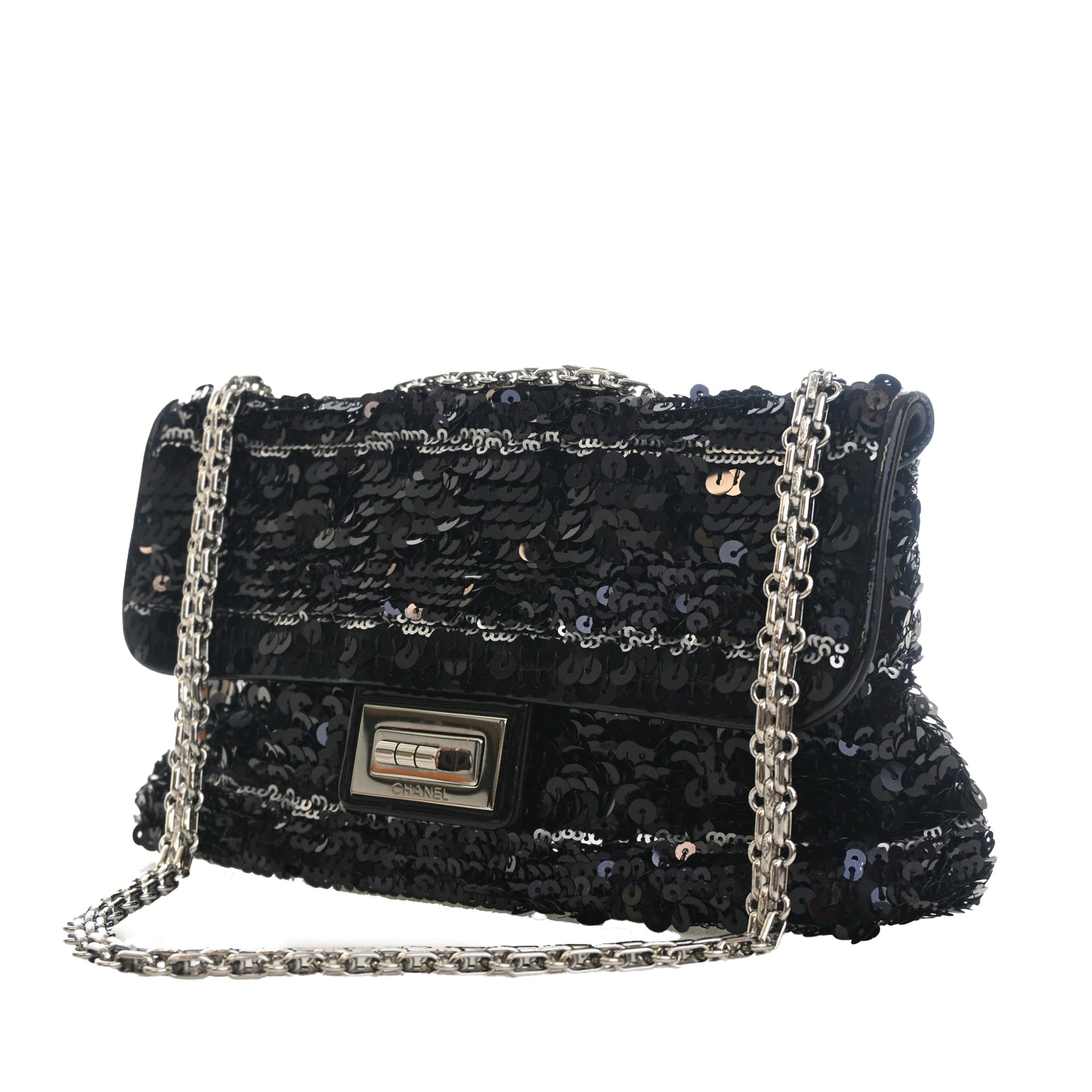Chanel Patent Trimmed Sequined Satin Reissue 2.55 Single Flap 225