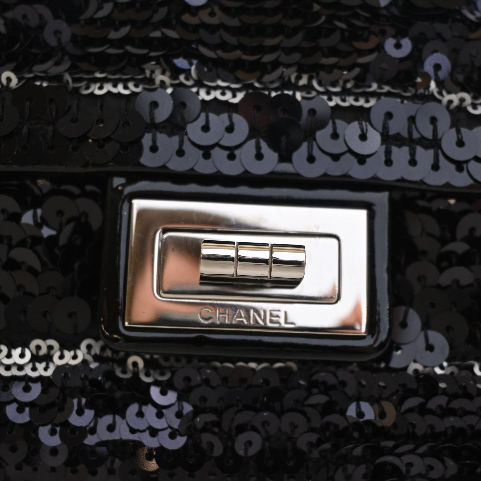 Chanel Patent Trimmed Sequined Satin Reissue 2.55 Single Flap 225