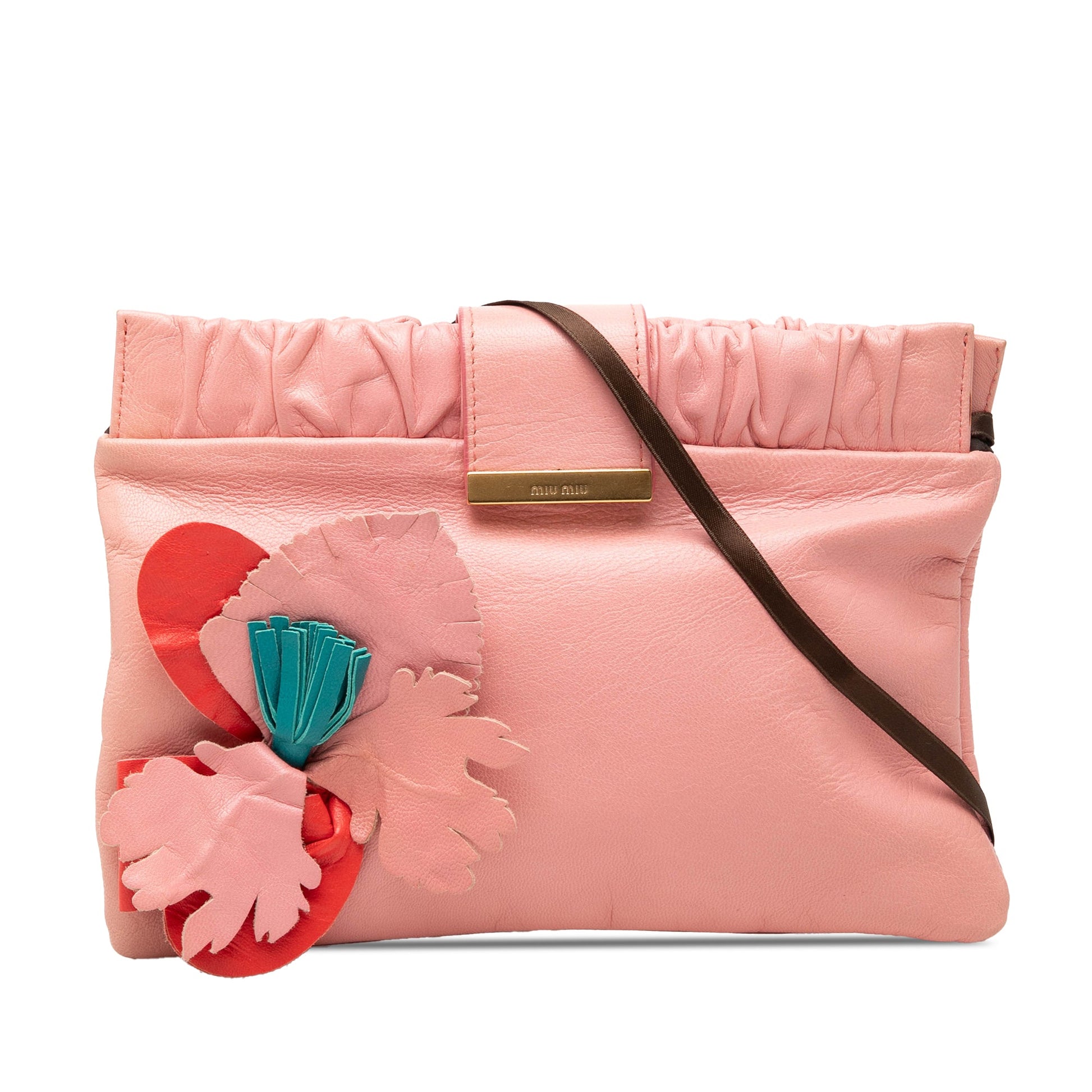 Miu Miu Lambskin Flower Applique Clutch with Strap