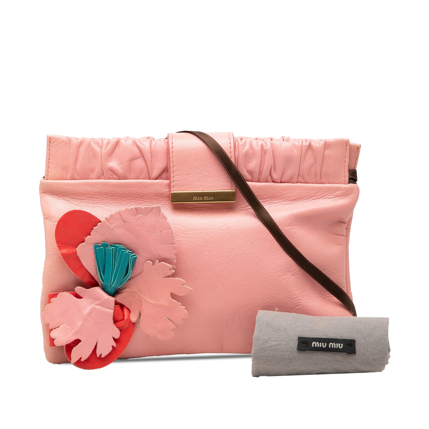 Miu Miu Lambskin Flower Applique Clutch with Strap