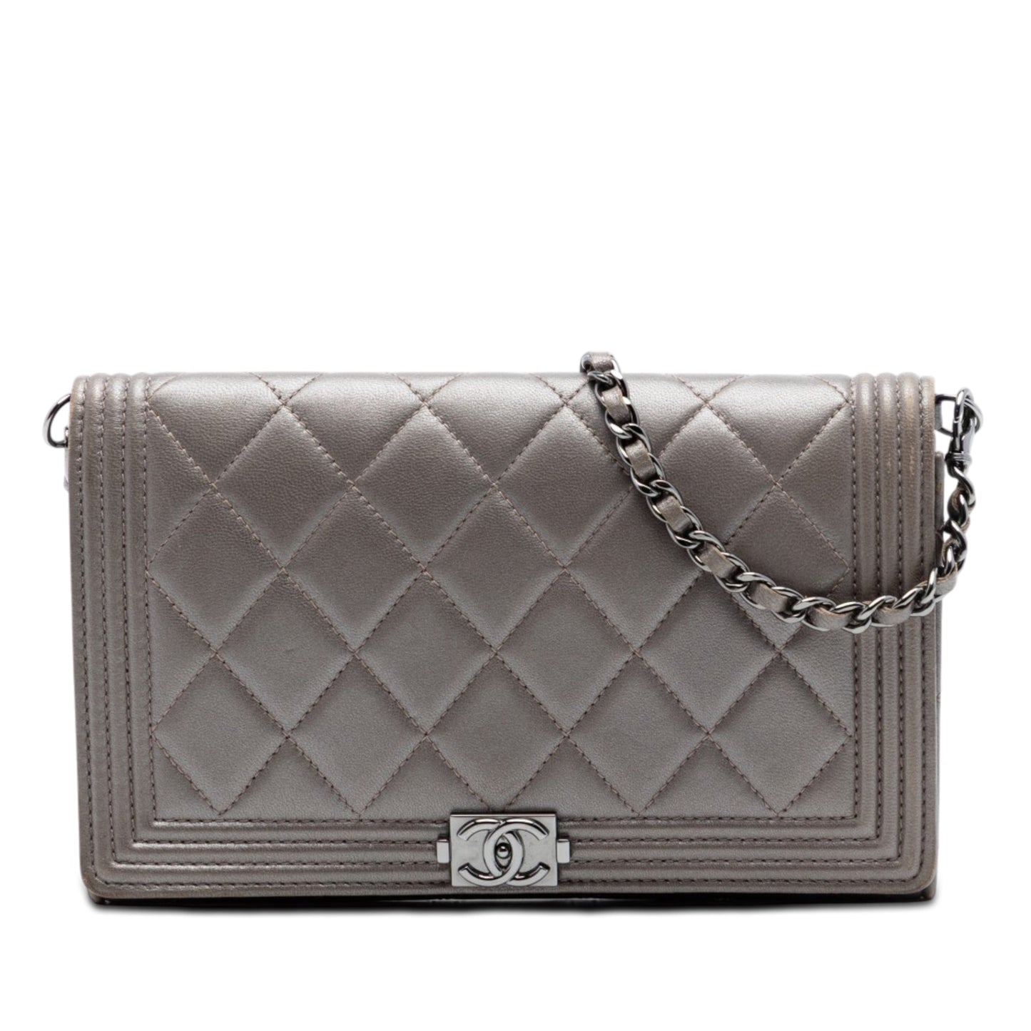 Chanel Quilted Metallic Lambskin Boy Clutch On Chain