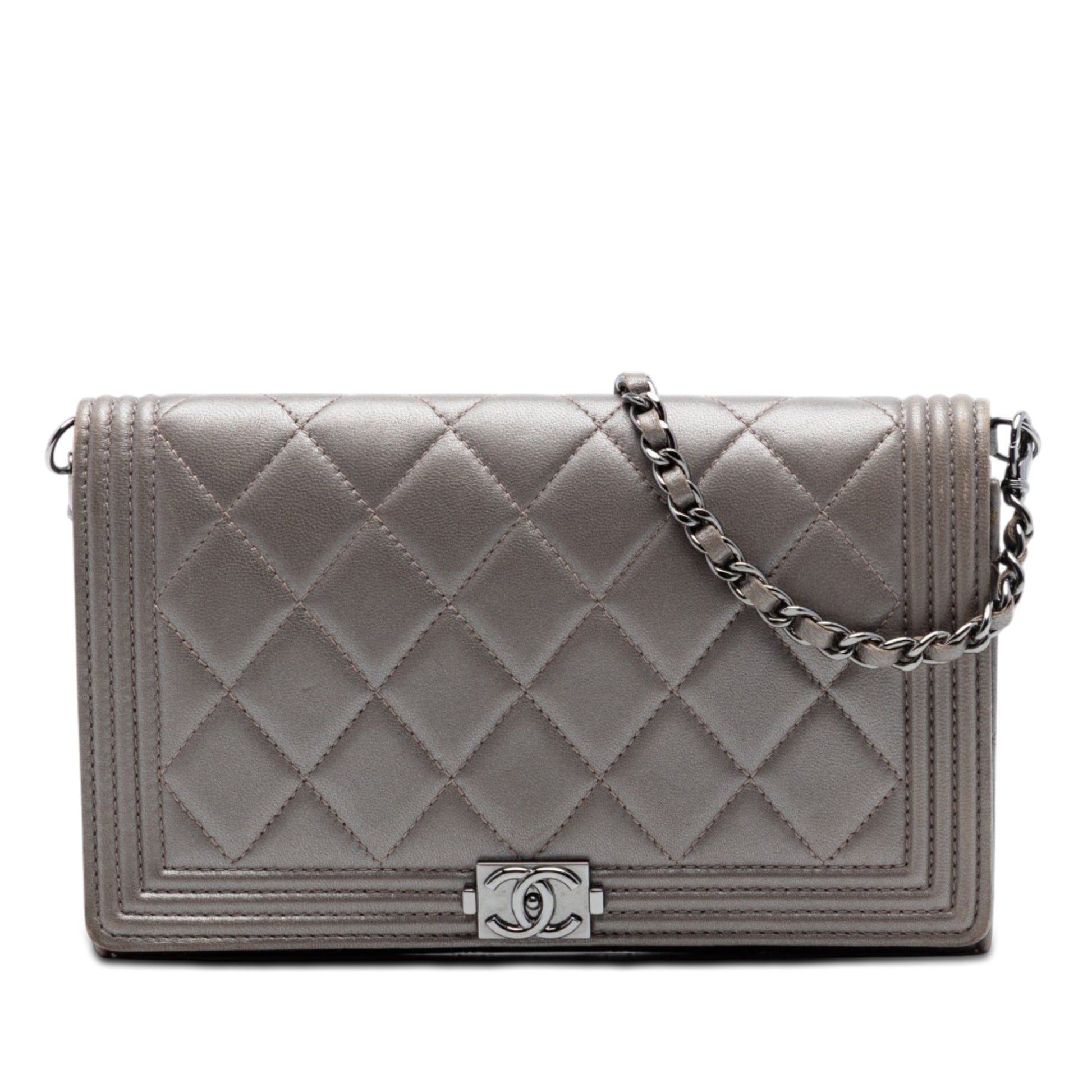 Chanel Quilted Metallic Lambskin Boy Clutch On Chain
