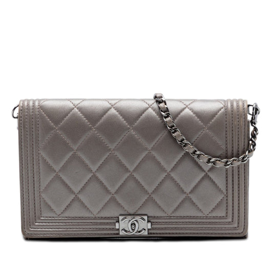 Chanel Quilted Metallic Lambskin Boy Clutch On Chain