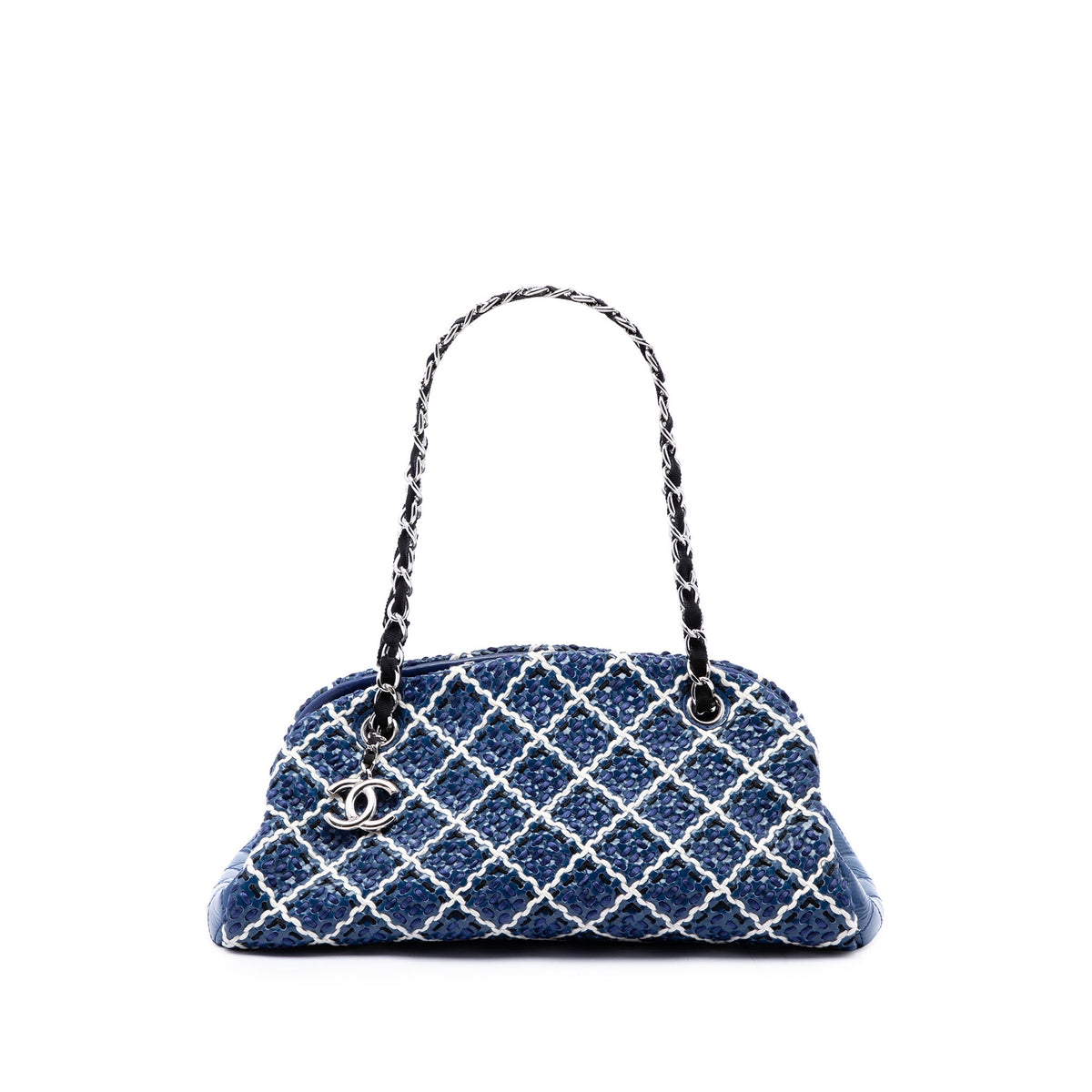 Chanel Medium Patent Stitch Just Mademoiselle Bowling Bag — Blue