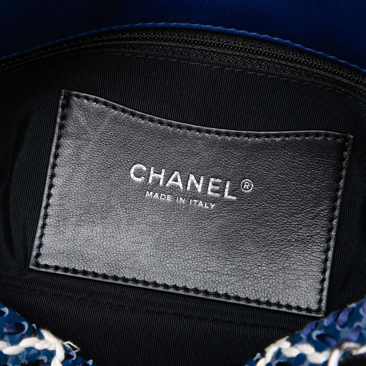 Chanel Medium Patent Stitch Just Mademoiselle Bowling Bag — Blue