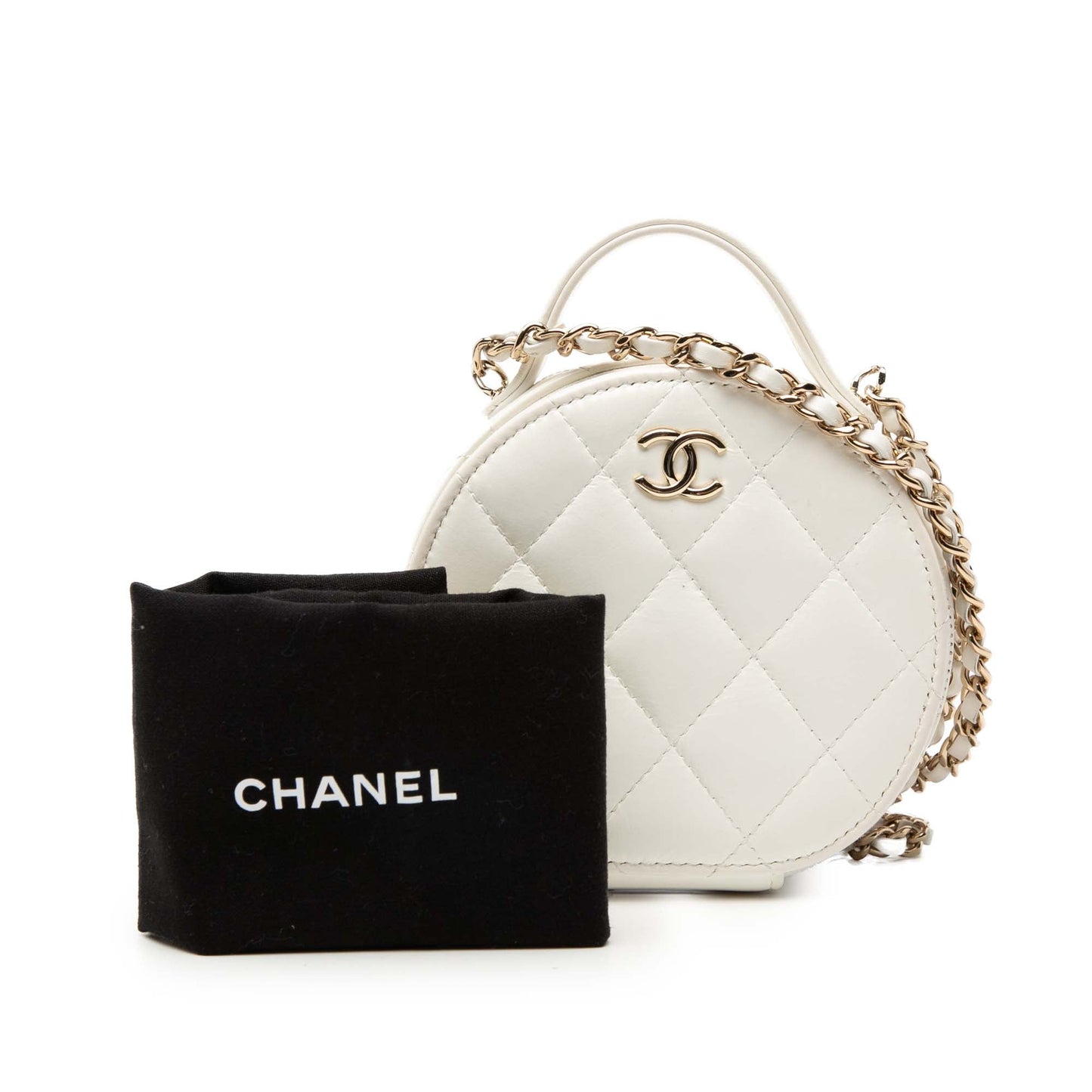 Chanel Quilted Lambskin Handle With Care Round Vanity Case with Chain