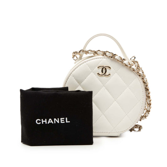 Chanel Quilted Lambskin Handle With Care Round Vanity Case with Chain