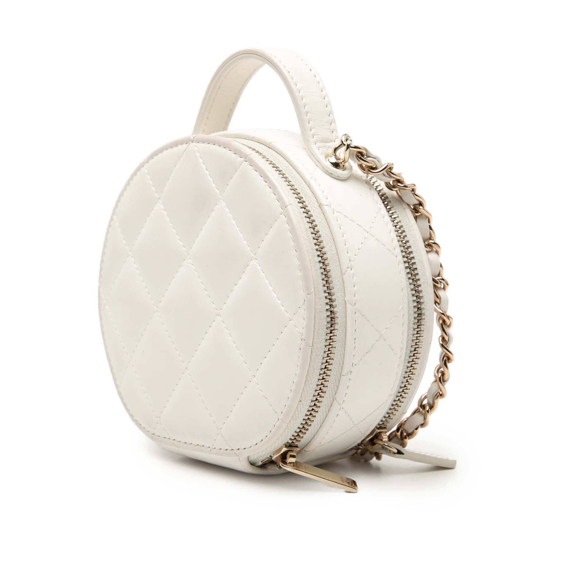 Chanel Quilted Lambskin Handle With Care Round Vanity Case with Chain