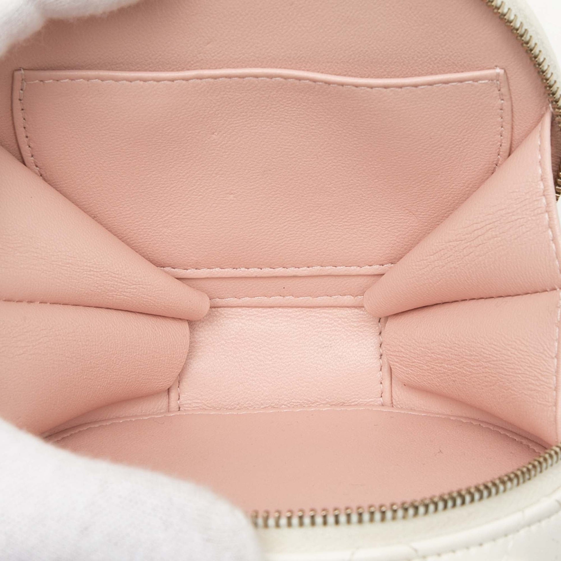 Chanel Quilted Lambskin Handle With Care Round Vanity Case with Chain