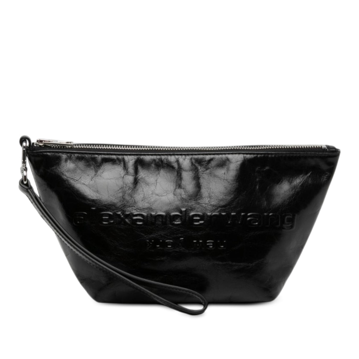 Alexander Wang Crackled Patent Punch Wristlet Zip Pouch — Black