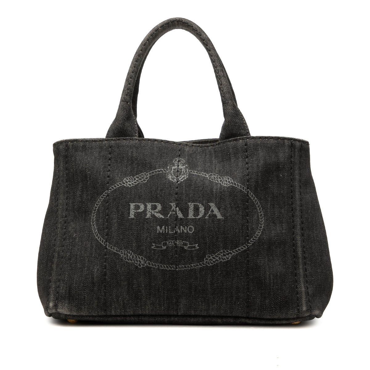 Prada Small Denim Canapa Logo Tote — Gray