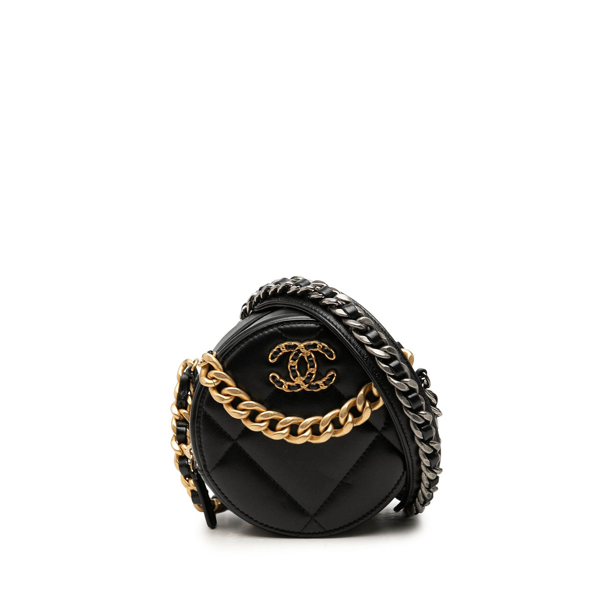 Chanel Lambskin 19 Round Clutch with Chain — Black