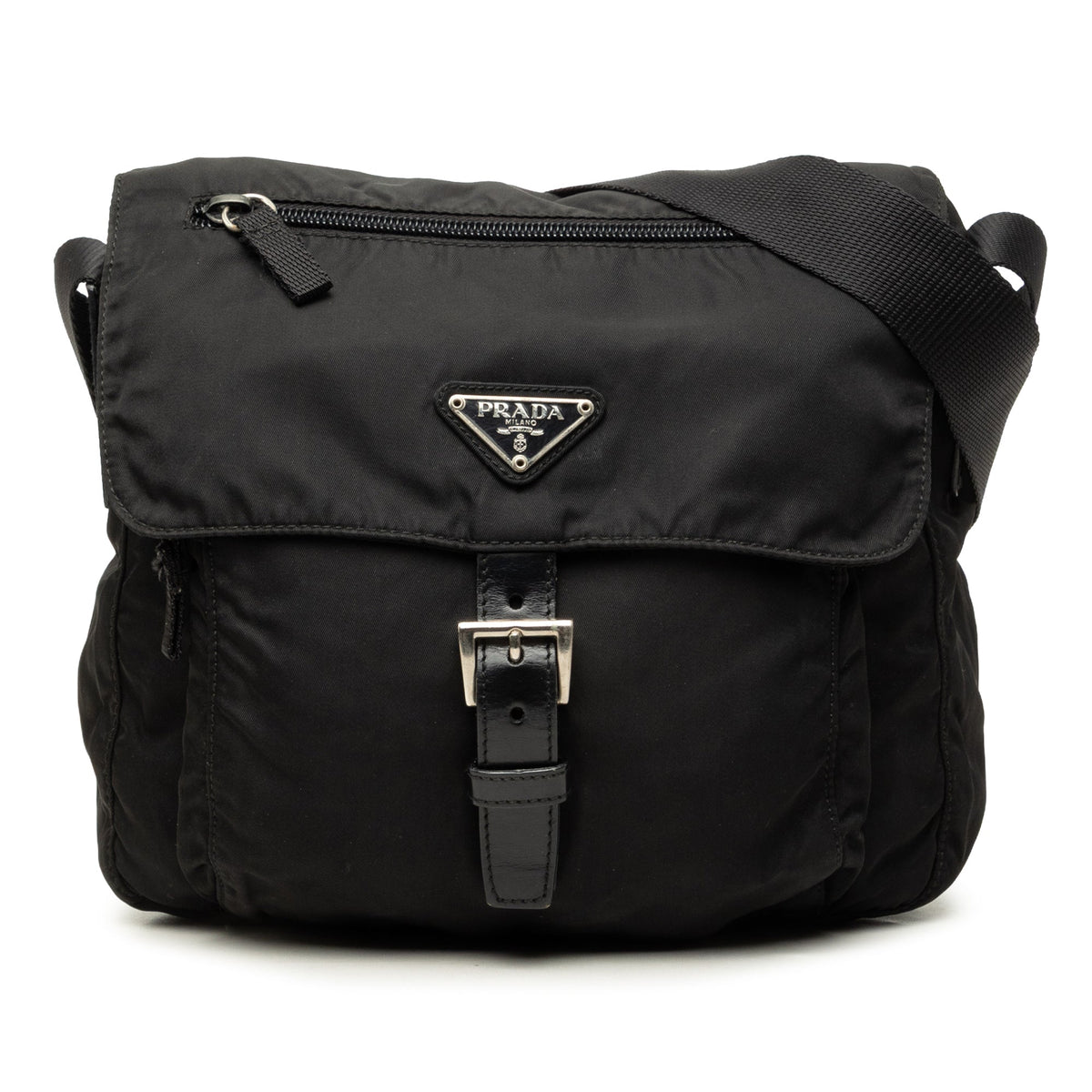 Prada Tessuto Zip Buckle Messenger Bag — Black