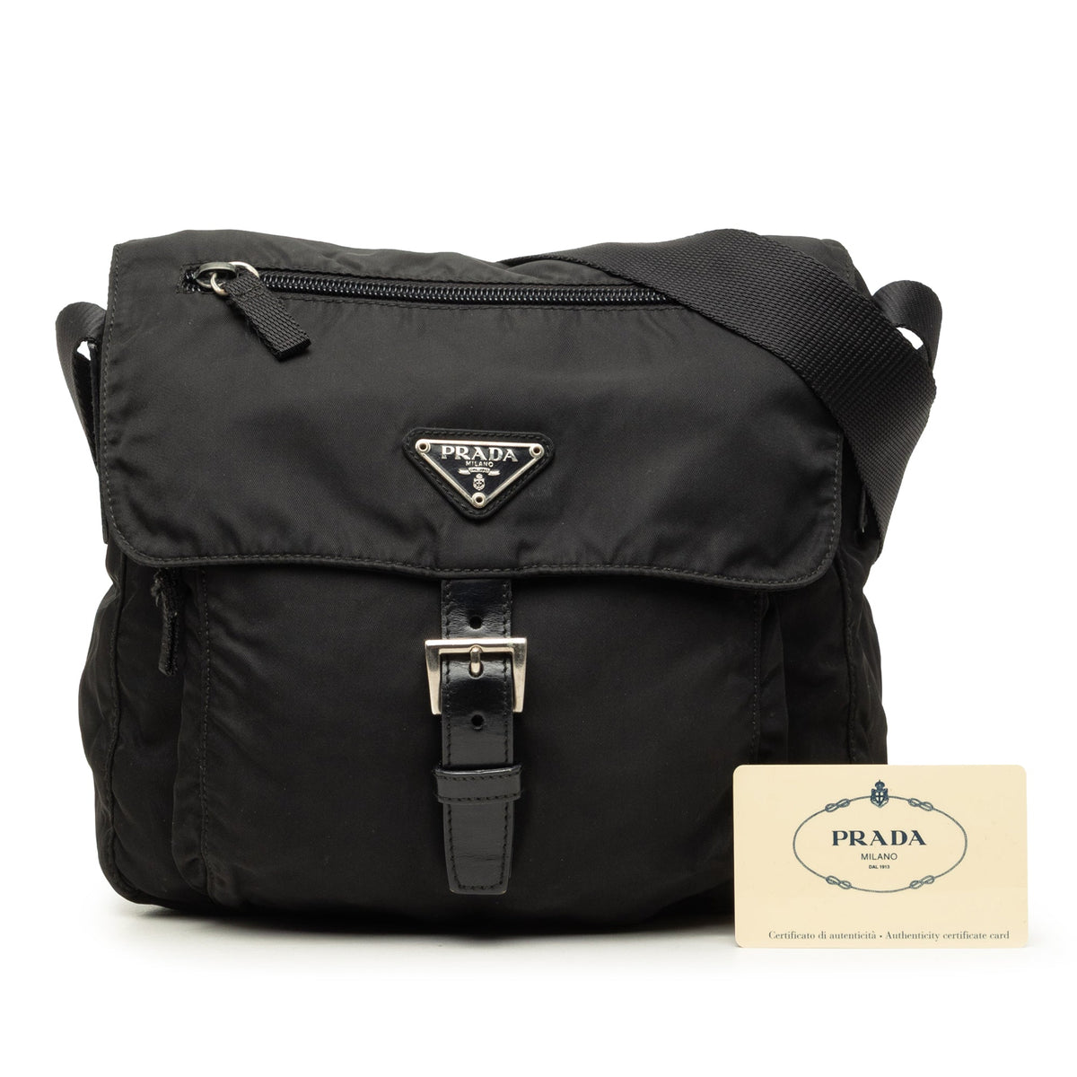 Prada Tessuto Zip Buckle Messenger Bag — Black