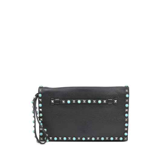 Valentino Leather Rolling Rockstud Wristlet Clutch — Black