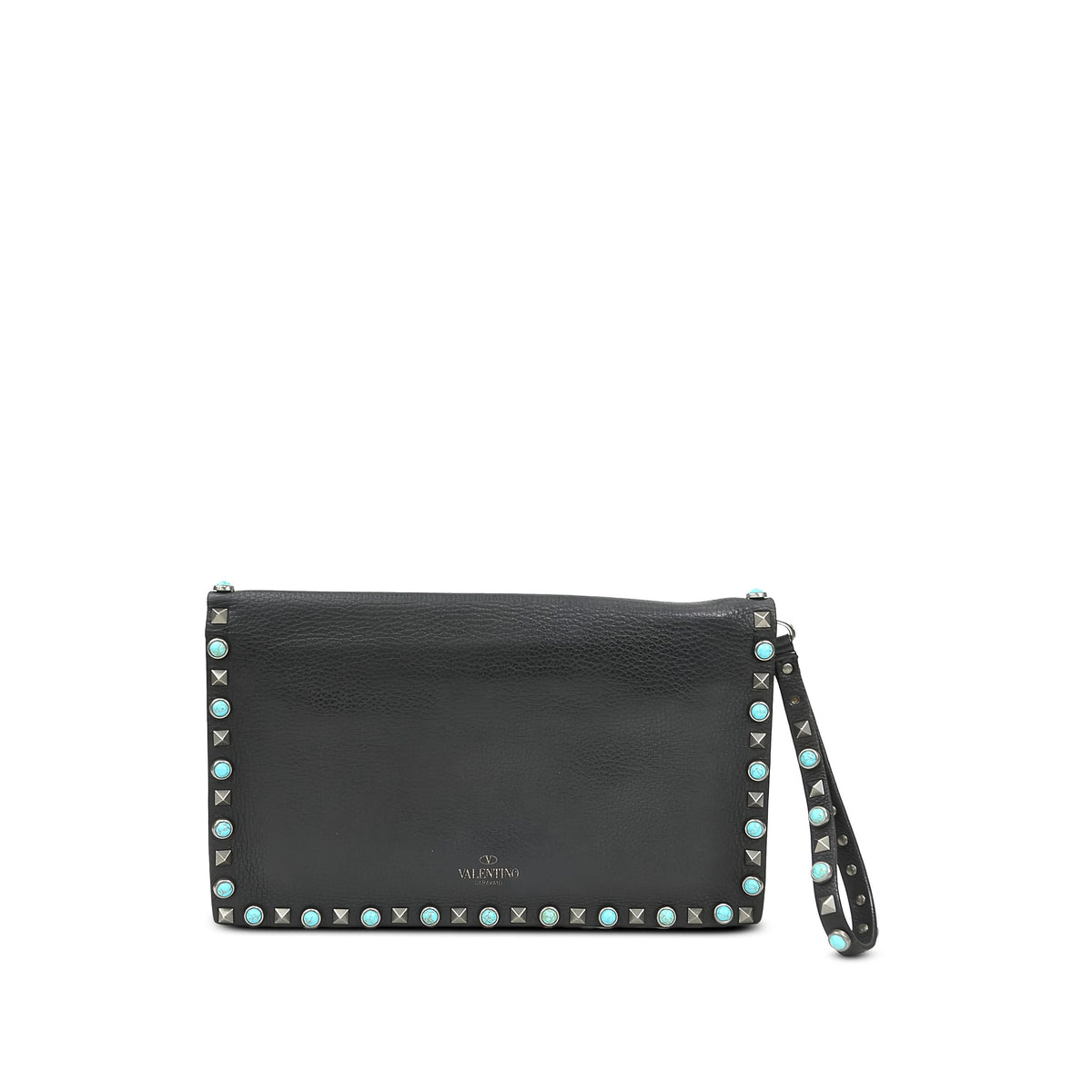 Valentino Leather Rolling Rockstud Wristlet Clutch — Black