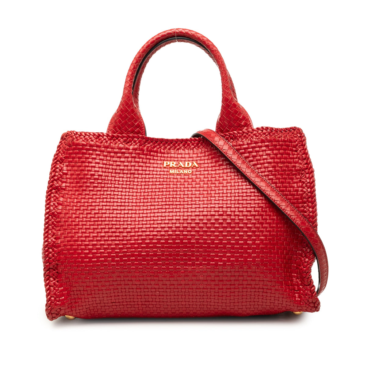 Prada Small Woven Goatskin Madras Satchel — Red