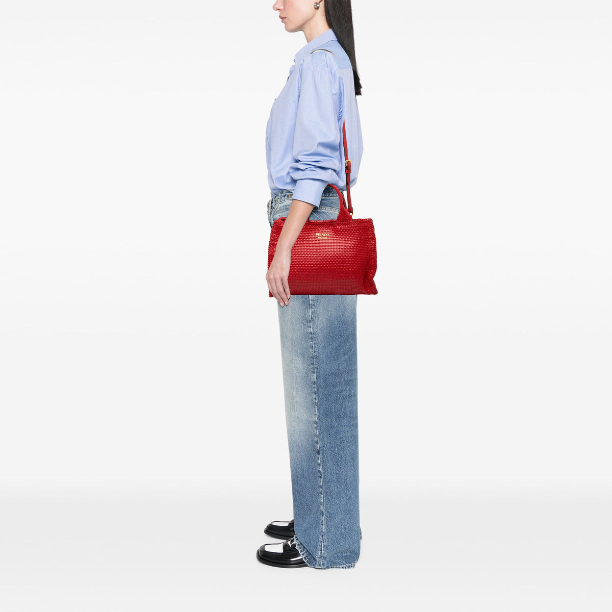 Prada Small Woven Goatskin Madras Satchel — Red