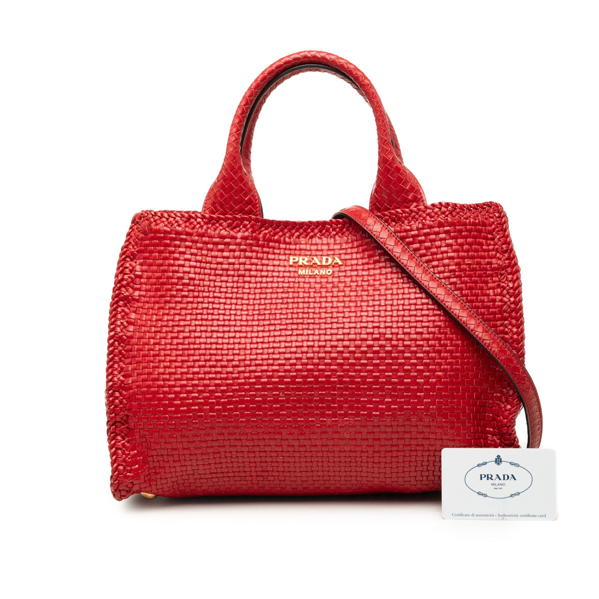 Prada Small Woven Goatskin Madras Satchel — Red