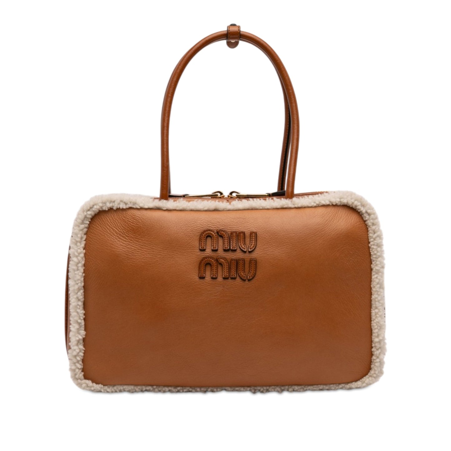 Miu Miu Large Shearling Trimmed Calfskin Logo Beau Shoulder Bag