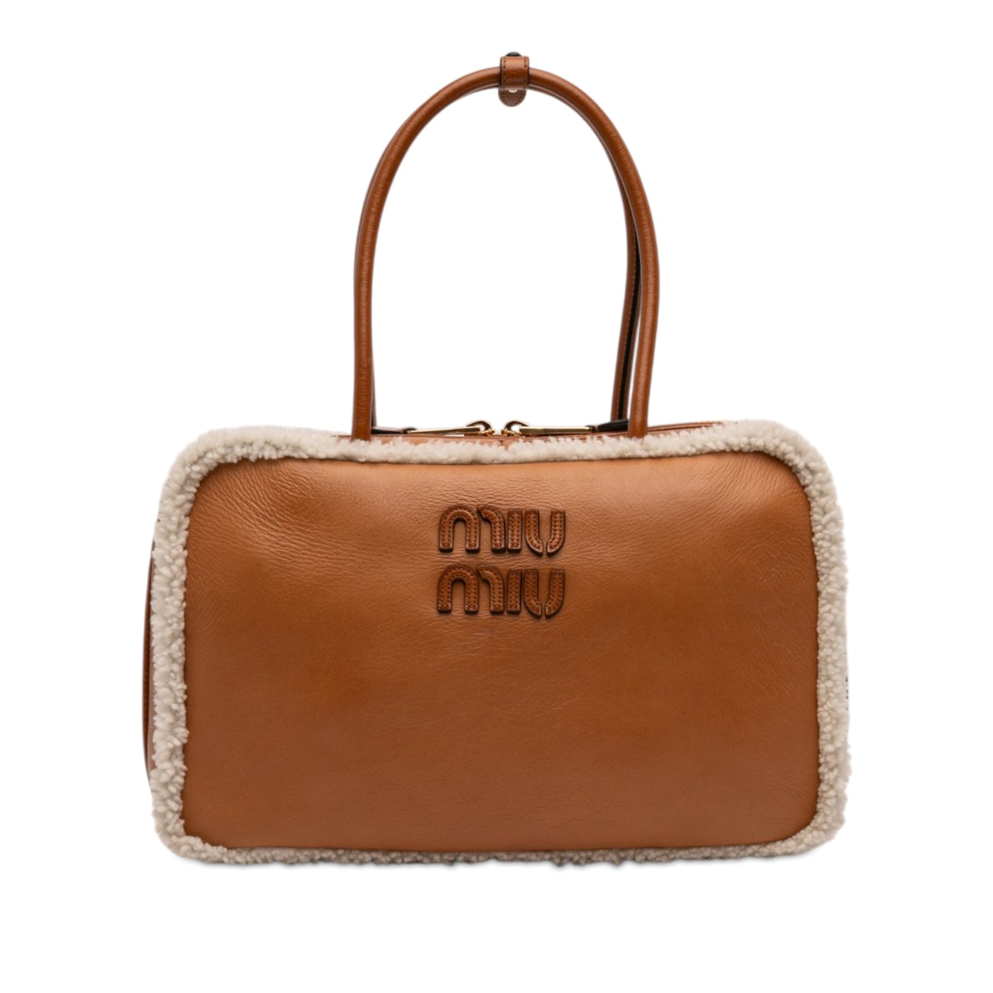 Miu Miu Large Shearling Trimmed Calfskin Logo Beau Shoulder Bag