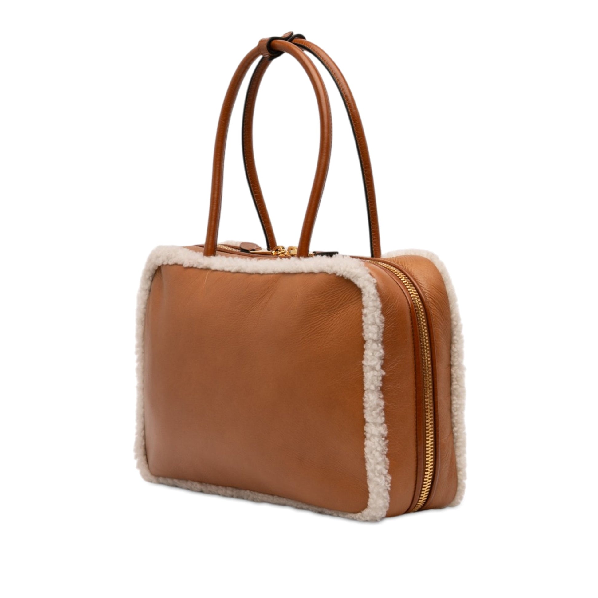 Miu Miu Large Shearling Trimmed Calfskin Logo Beau Shoulder Bag