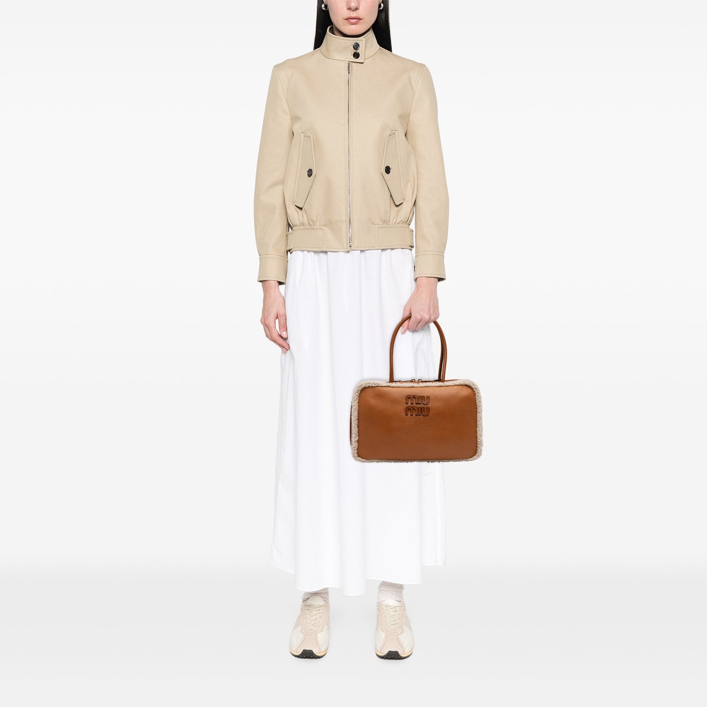 Miu Miu Large Shearling Trimmed Calfskin Logo Beau Shoulder Bag