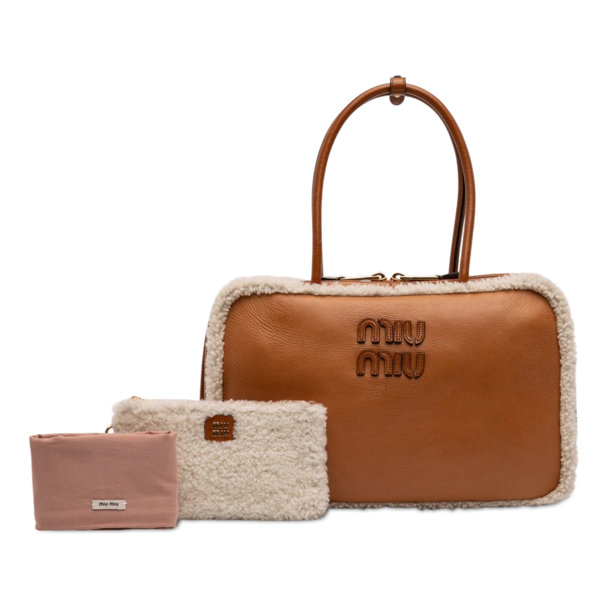 Miu Miu Large Shearling Trimmed Calfskin Logo Beau Shoulder Bag