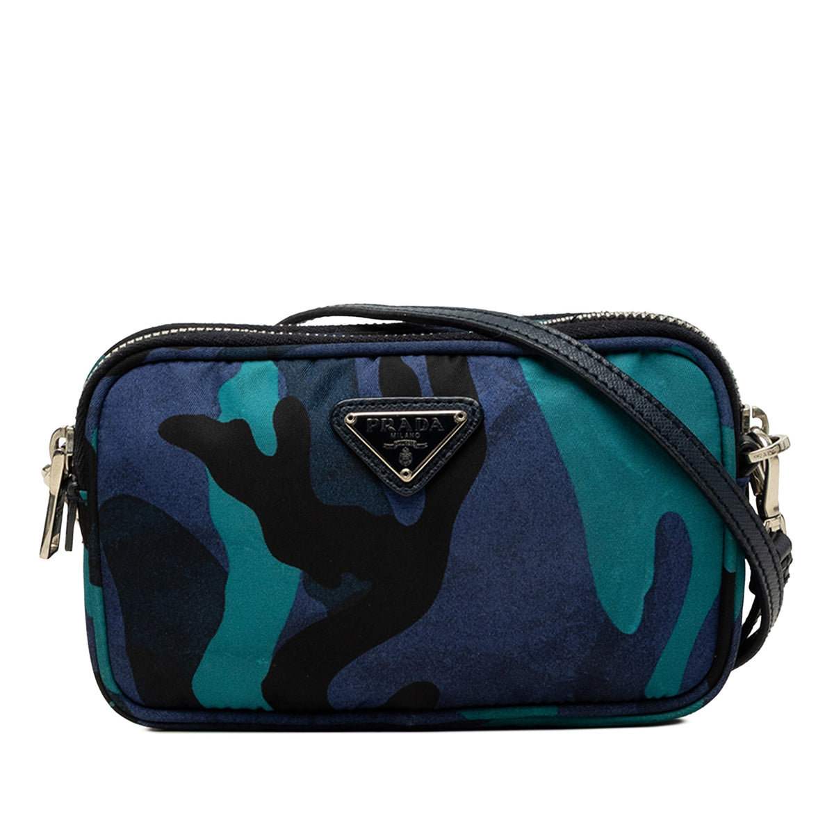 Prada Mini Tessuto Camouflage Double Zip Camera Bag — Blue