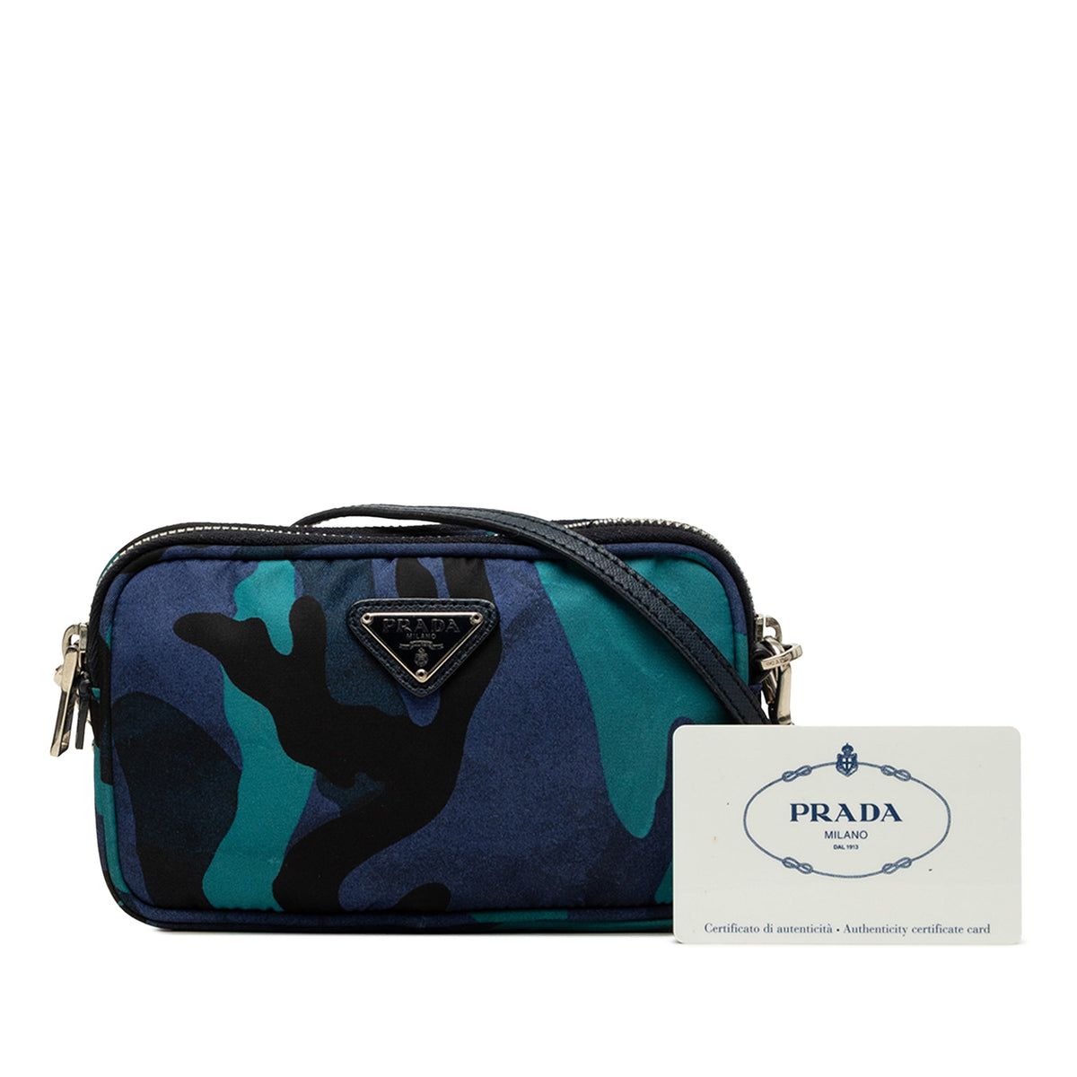 Prada Mini Tessuto Camouflage Double Zip Camera Bag — Blue