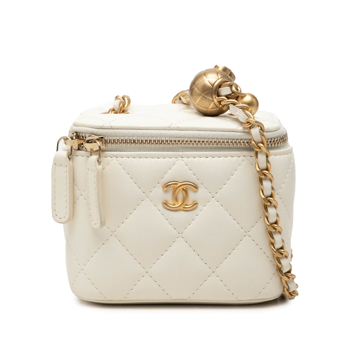 Chanel Mini CC Quilted Lambskin Pearl Crush Vanity Case With Chain — White