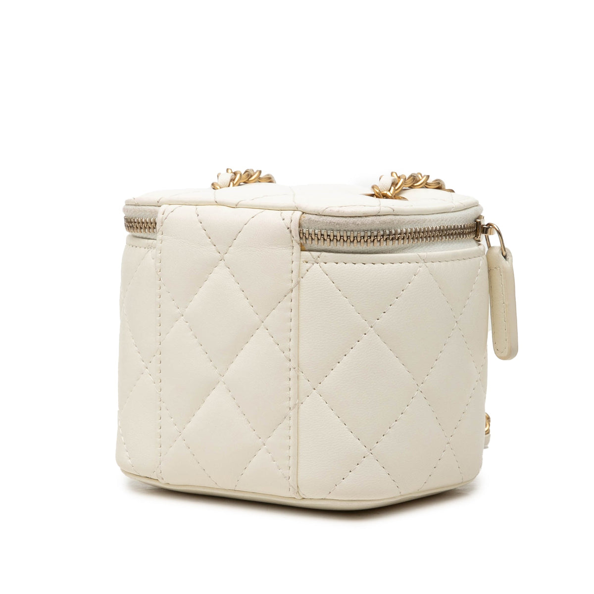 Chanel Mini CC Quilted Lambskin Pearl Crush Vanity Case With Chain — White
