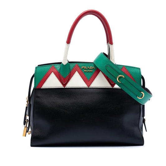 Prada Medium Saffiano Trimmed City Calf Greca Esplanade Satchel