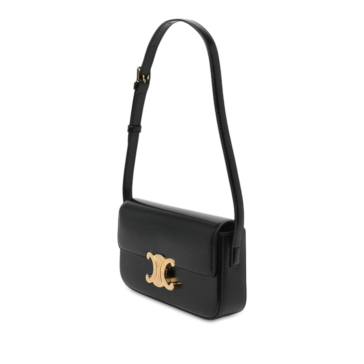 Celine Shiny Calfskin Triomphe Claude Shoulder Bag — Black